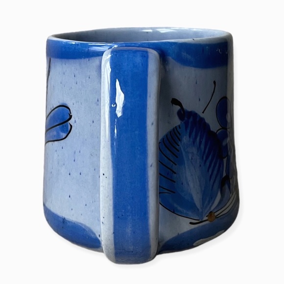 Vintage Signed Tonala Mug w/Hand Painted Bird Flowers Blue Mexican Pottery Boho - Picture 4 of 8